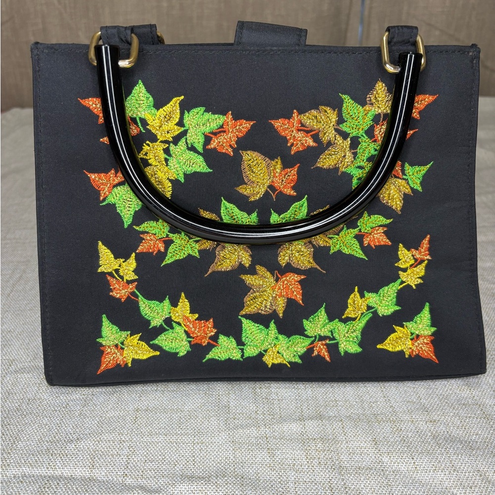 Kim Rogers Embroidered Black Tote Bag with Leaf Design